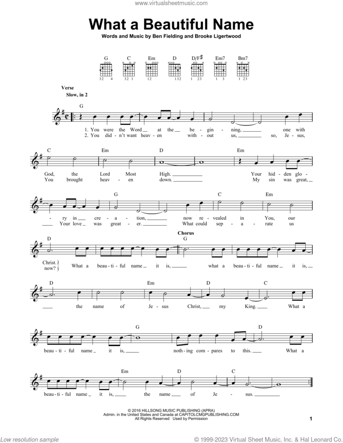 What A Beautiful Name sheet music for guitar solo (chords) by Hillsong Worship, Ben Fielding and Brooke Ligertwood, easy guitar (chords)