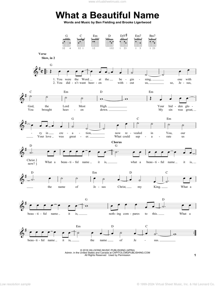 What A Beautiful Name sheet music for guitar solo (chords) by Hillsong Worship, Ben Fielding and Brooke Ligertwood, easy guitar (chords)