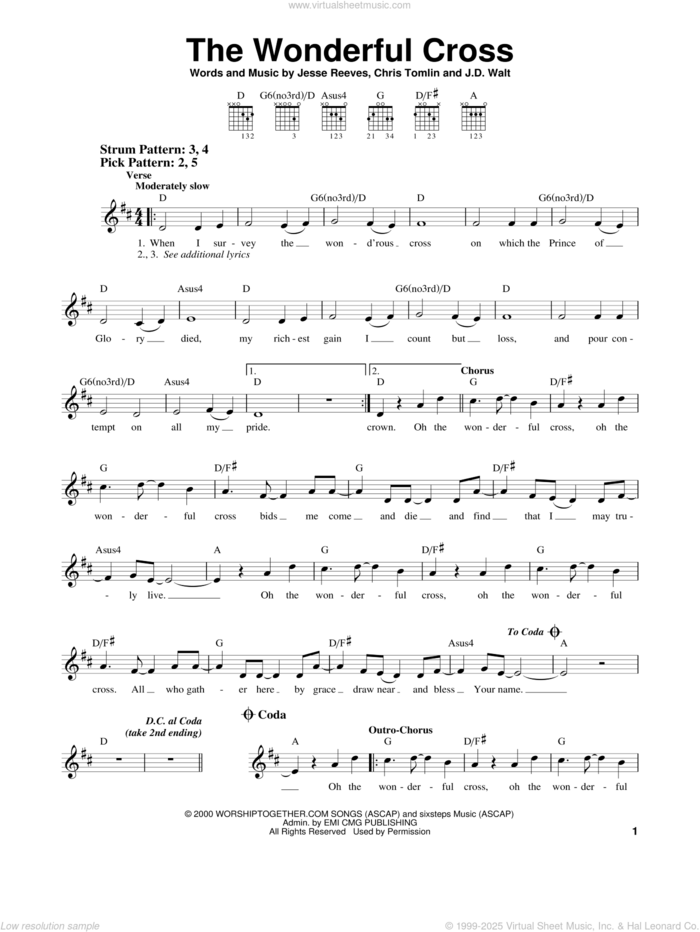 The Wonderful Cross sheet music for guitar solo (chords) by Chris Tomlin, Phillips, Craig & Dean, J.D. Walt and Jesse Reeves, easy guitar (chords)