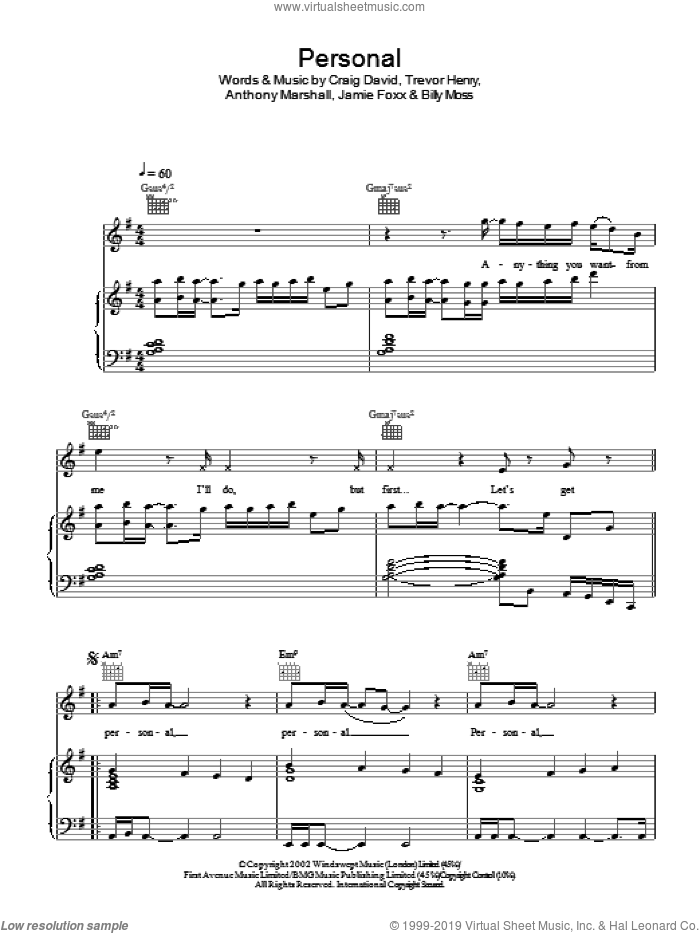 Personal sheet music for voice, piano or guitar by Craig David, intermediate skill level