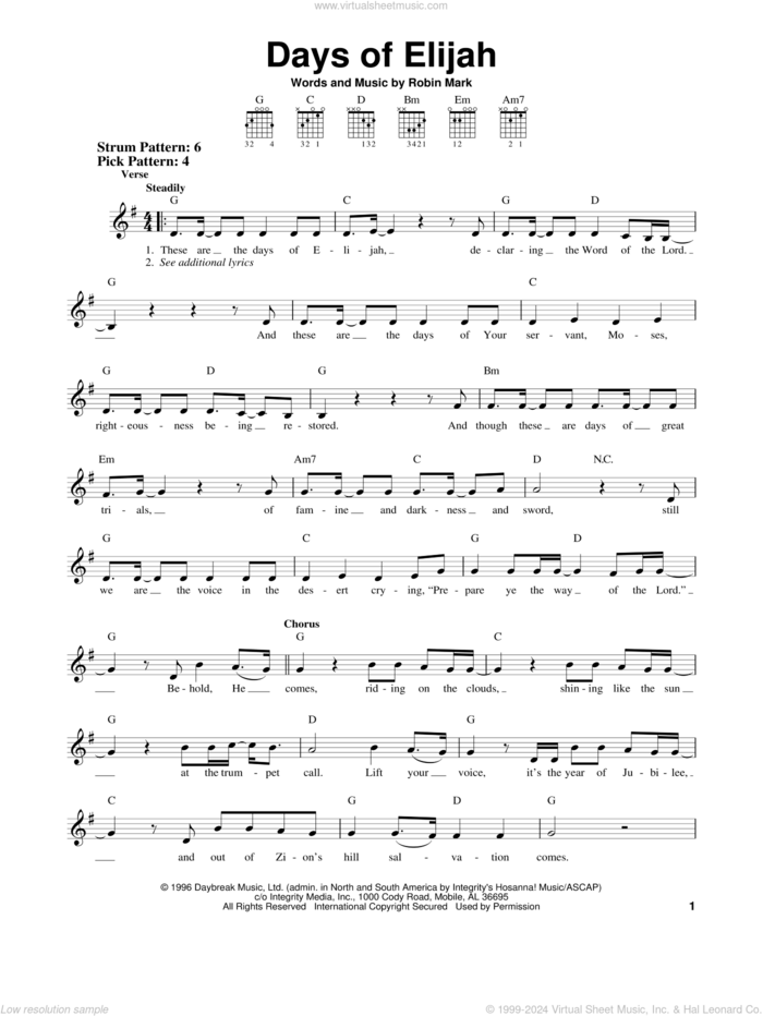 Days Of Elijah sheet music for guitar solo (chords) by Robin Mark, easy guitar (chords)