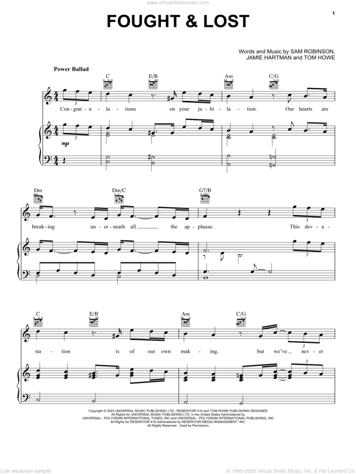 Fought and Lost (feat. Brian May) sheet music for voice, piano or guitar by Sam Ryder, Jamie Hartman, Sam Robinson and Tom Howe, intermediate skill level