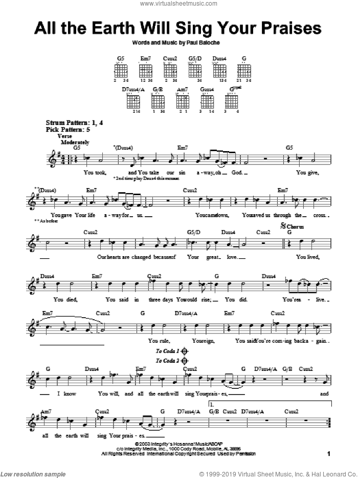 All The Earth Will Sing Your Praises sheet music for guitar solo (chords) by Paul Baloche, easy guitar (chords)