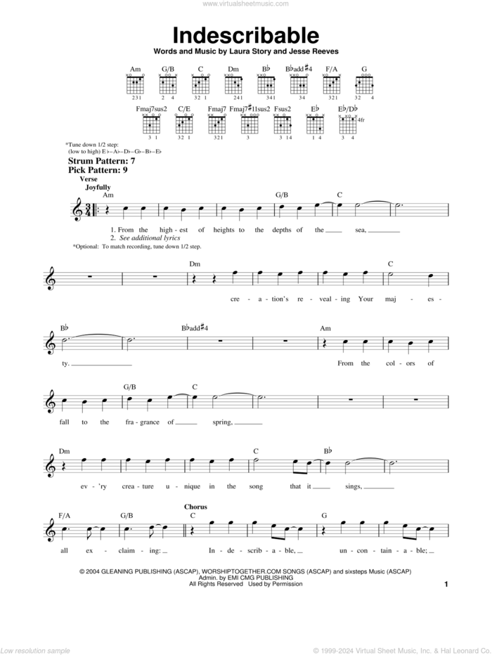 Indescribable sheet music for guitar solo (chords) by Chris Tomlin, Jesse Reeves and Laura Story, easy guitar (chords)