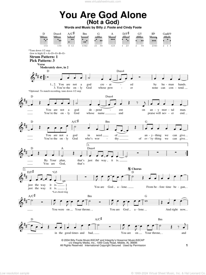 You Are God Alone (Not A God) sheet music for guitar solo (chords) by Phillips, Craig & Dean, Billy J. Foote and Cindy Foote, easy guitar (chords)