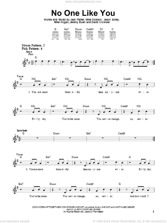 No One Like You sheet music for guitar solo (chords) by David Crowder Band, David Crowder, Jack Parker, Jason Solley, Jeremy Bush, Mike Dodson and Mike Hogan, easy guitar (chords)