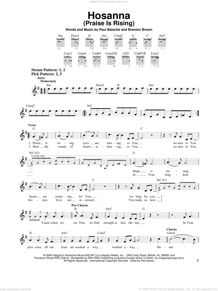 Hosanna (Praise Is Rising) sheet music for guitar solo (chords) by Paul Baloche and Brenton Brown, easy guitar (chords)
