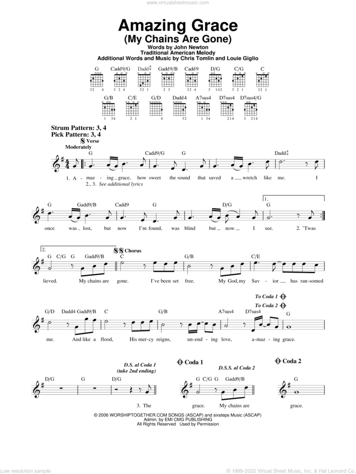 Amazing Grace (My Chains Are Gone) sheet music for guitar solo (chords) by Chris Tomlin, John Newton, Louie Giglio and Miscellaneous, easy guitar (chords)