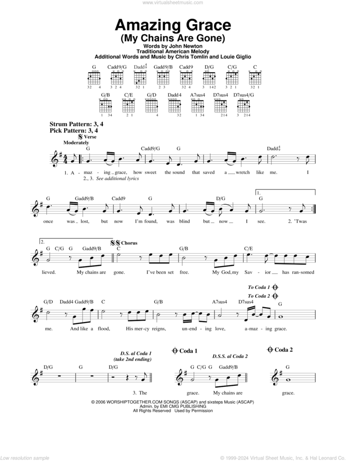 Amazing Grace (My Chains Are Gone) sheet music for guitar solo (chords) by Chris Tomlin, John Newton, Louie Giglio and Miscellaneous, easy guitar (chords)