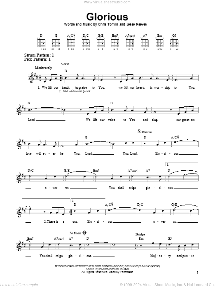 Glorious sheet music for guitar solo (chords) by Chris Tomlin and Jesse Reeves, easy guitar (chords)