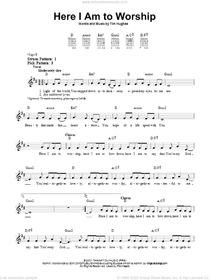 Here I Am To Worship sheet music for guitar solo (chords) by Phillips, Craig & Dean and Tim Hughes, easy guitar (chords)