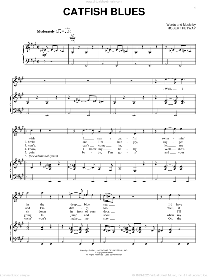 Catfish Blues sheet music for voice, piano or guitar by Jimi Hendrix and Robert Petway, intermediate skill level