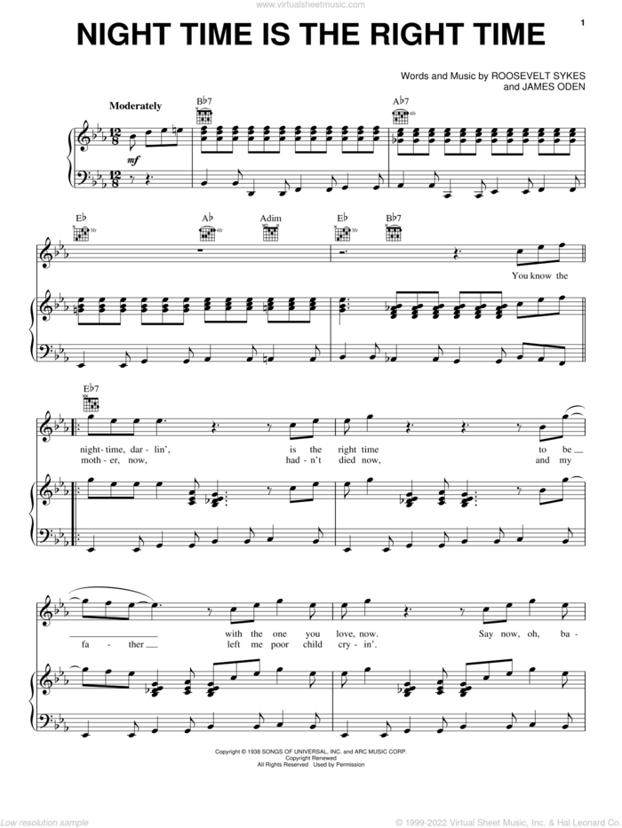 Night Time Is The Right Time sheet music for voice, piano or guitar by Roosevelt Sykes, Creedence Clearwater Revival and James Oden, intermediate skill level