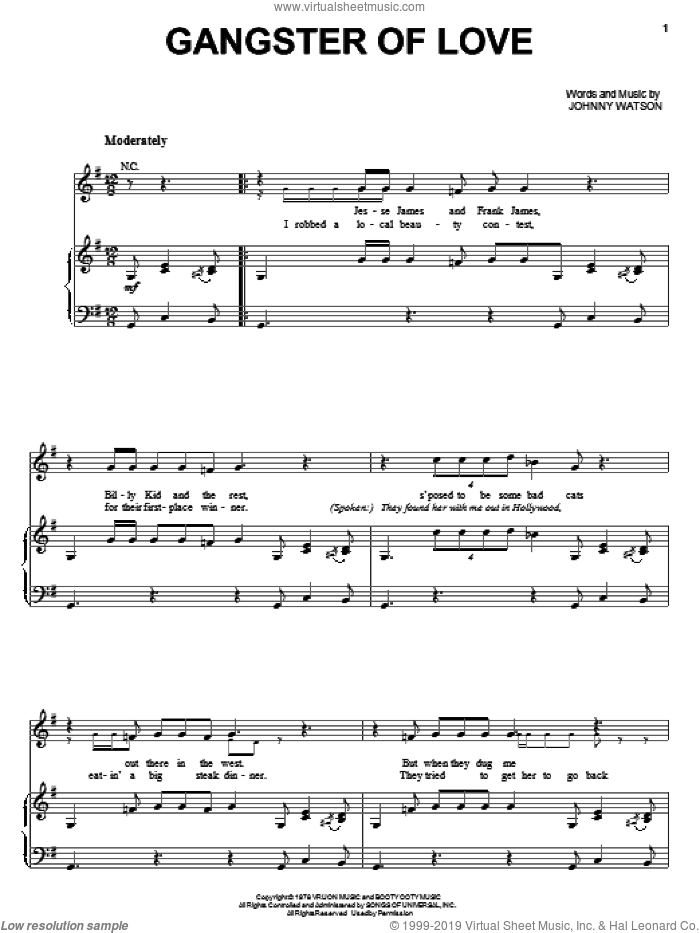 Gangster Of Love sheet music for voice, piano or guitar by Johnny Watson, intermediate skill level