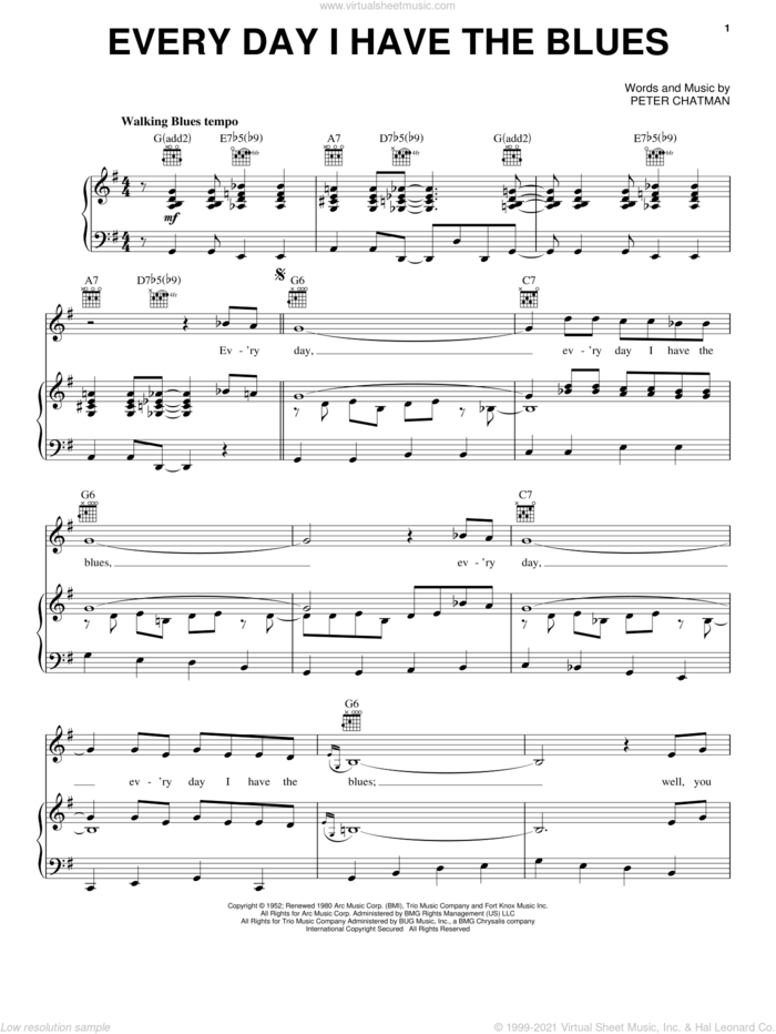Everyday I Have The Blues sheet music for voice, piano or guitar by B.B. King, Joe Williams and Peter Chatman, intermediate skill level