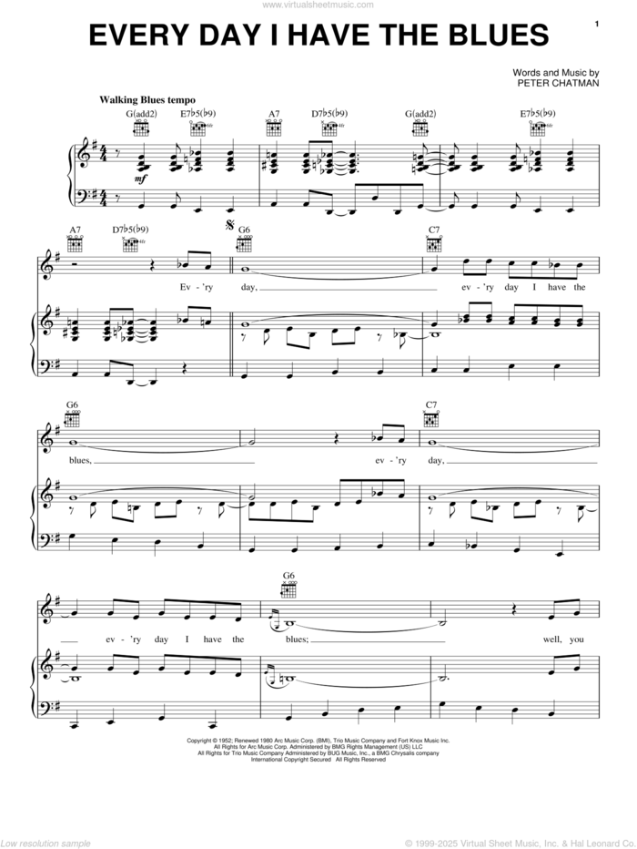 Everyday I Have The Blues sheet music for voice, piano or guitar by B.B. King, Joe Williams and Peter Chatman, intermediate skill level