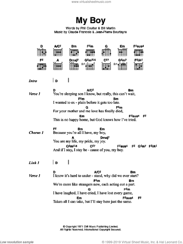 My Boy sheet music for guitar (chords) by Elvis Presley, Claude Francois, Jean-Pierre Bourtayre, Bill Martin and Phil Coulter, intermediate skill level