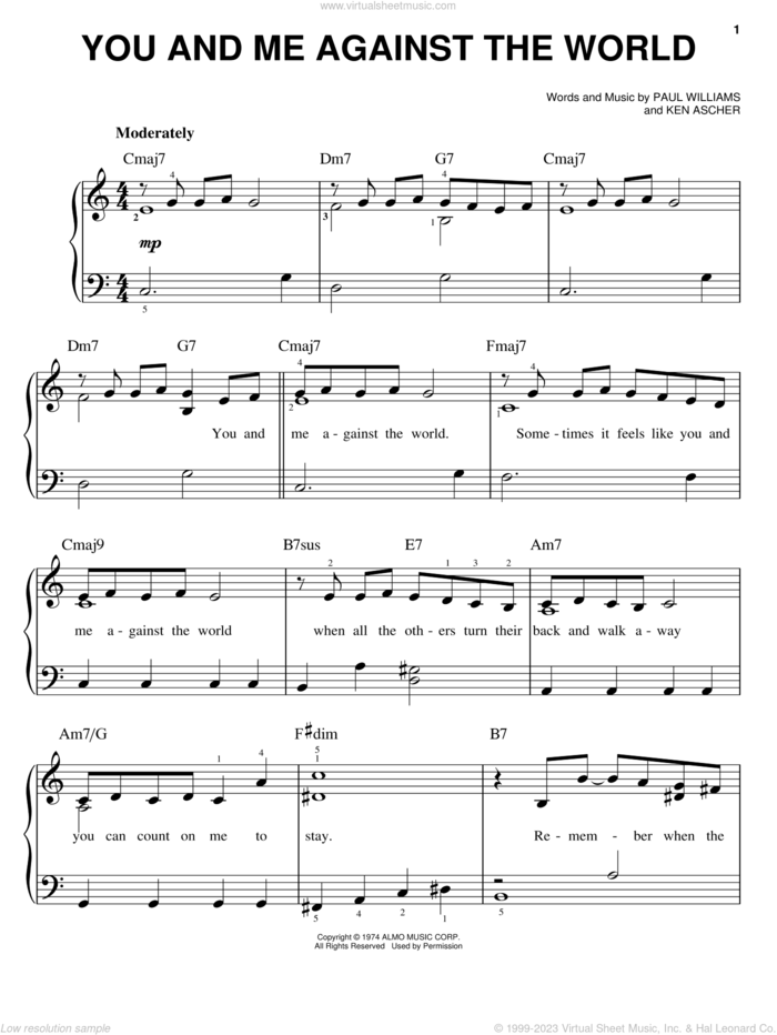 You And Me Against The World sheet music for piano solo by Helen Reddy, Ken Ascher and Paul Williams, wedding score, easy skill level