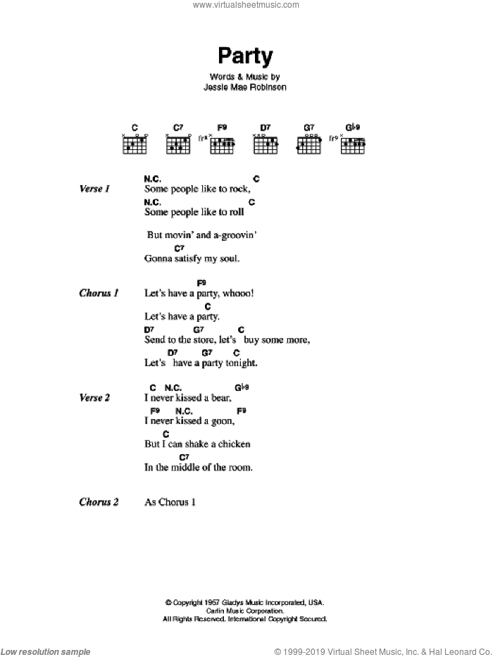 Party sheet music for guitar (chords) by Elvis Presley and Jessie Mae Robinson, intermediate skill level