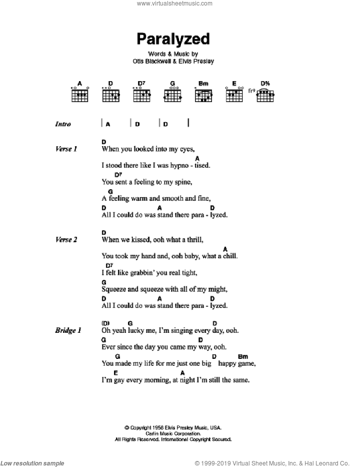 Paralyzed sheet music for guitar (chords) by Elvis Presley and Otis Blackwell, intermediate skill level