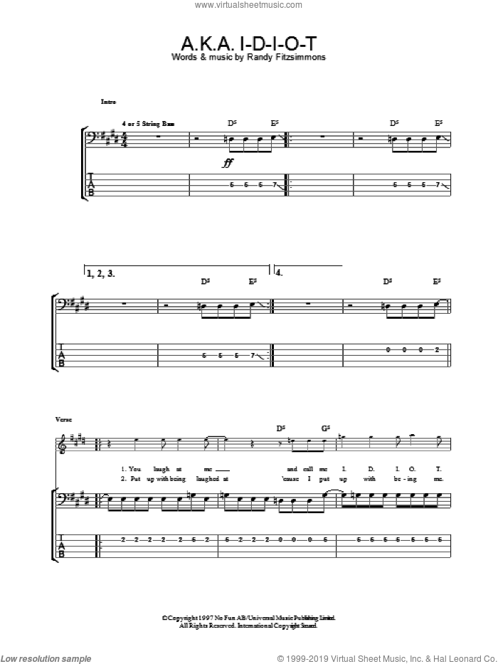 A.K.A. I-D-I-O-T sheet music for bass (tablature) (bass guitar) by The Hives, intermediate skill level