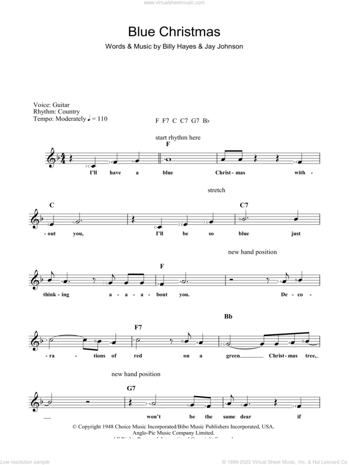 Blue Christmas sheet music for piano solo (chords, lyrics, melody) by Elvis Presley, Billy Hayes and Jay Johnson, intermediate piano (chords, lyrics, melody)