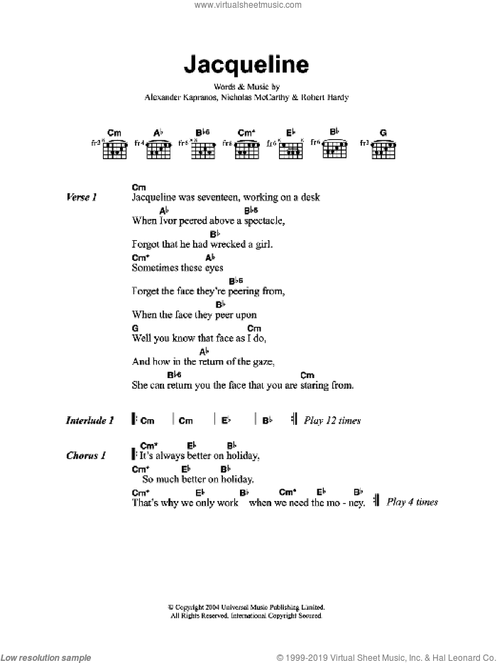 Jacqueline sheet music for guitar (chords) by Franz Ferdinand, Alexander Kapranos, Nicholas McCarthy and Robert Hardy, intermediate skill level