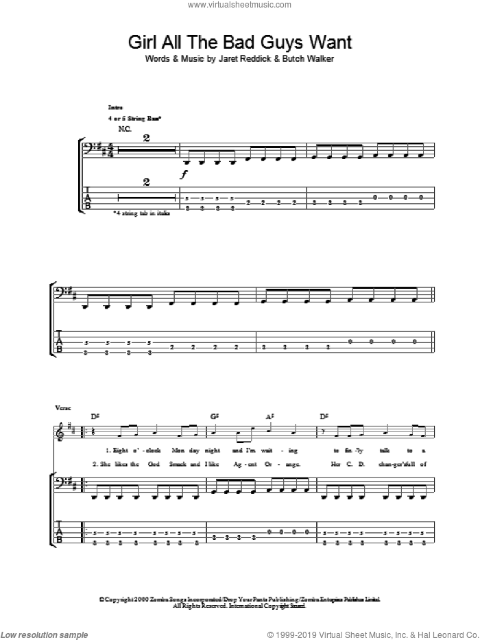 Girl All The Bad Guys Want sheet music for bass (tablature) (bass guitar) by Bowling For Soup, intermediate skill level