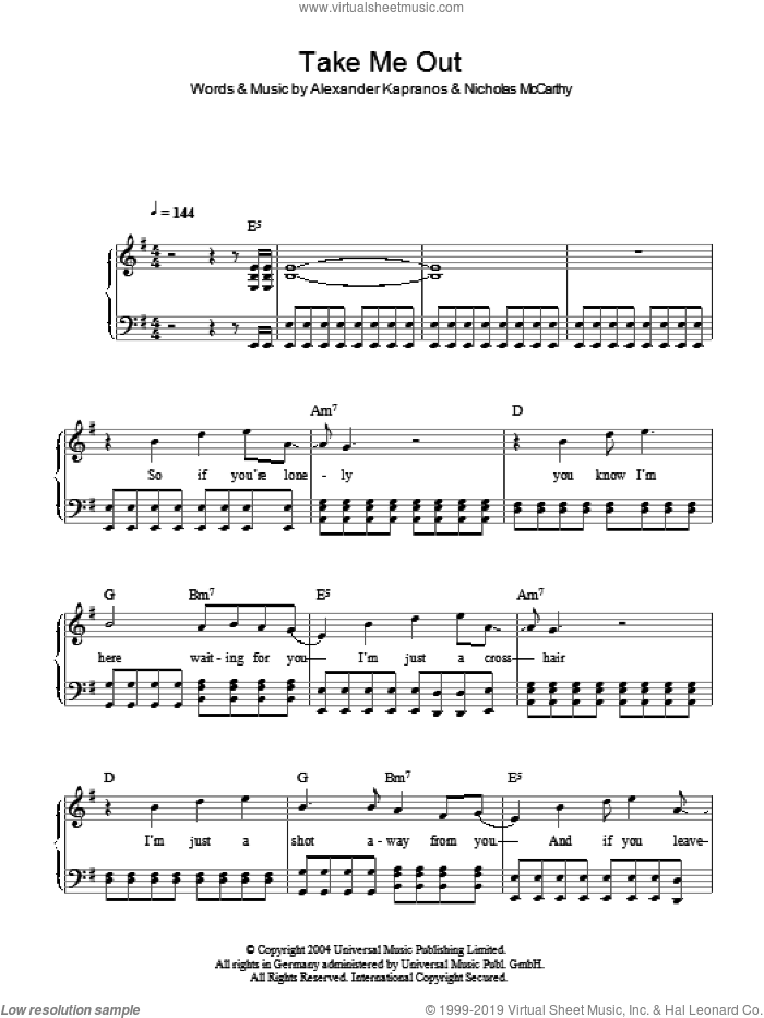Take Me Out sheet music for piano solo by Franz Ferdinand, Alexander Kapranos and Nicholas McCarthy, easy skill level