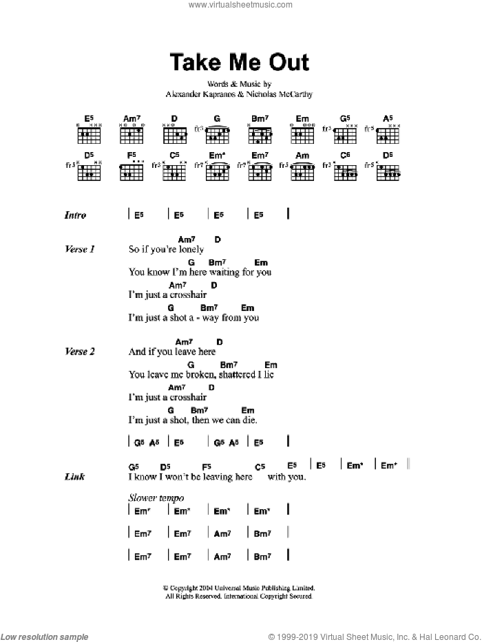 Take Me Out sheet music for guitar (chords) by Franz Ferdinand, Alexander Kapranos and Nicholas McCarthy, intermediate skill level