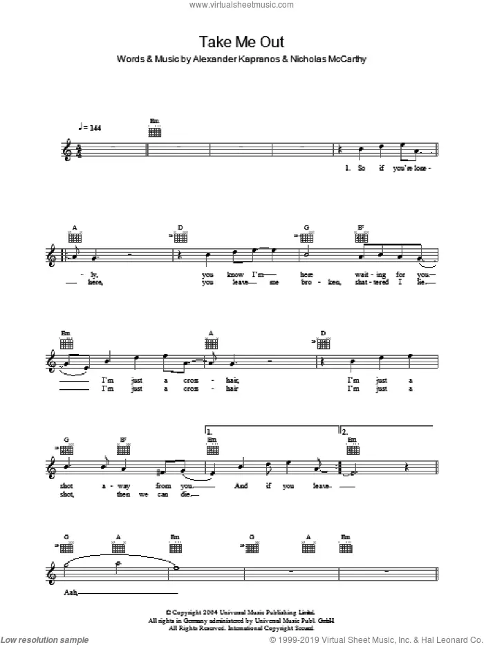 Take Me Out sheet music for voice and other instruments (fake book) by Franz Ferdinand, Alexander Kapranos and Nicholas McCarthy, intermediate skill level