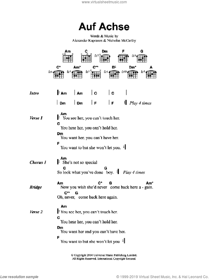 Auf Achse sheet music for guitar (chords) by Franz Ferdinand, Alexander Kapranos and Nicholas McCarthy, intermediate skill level