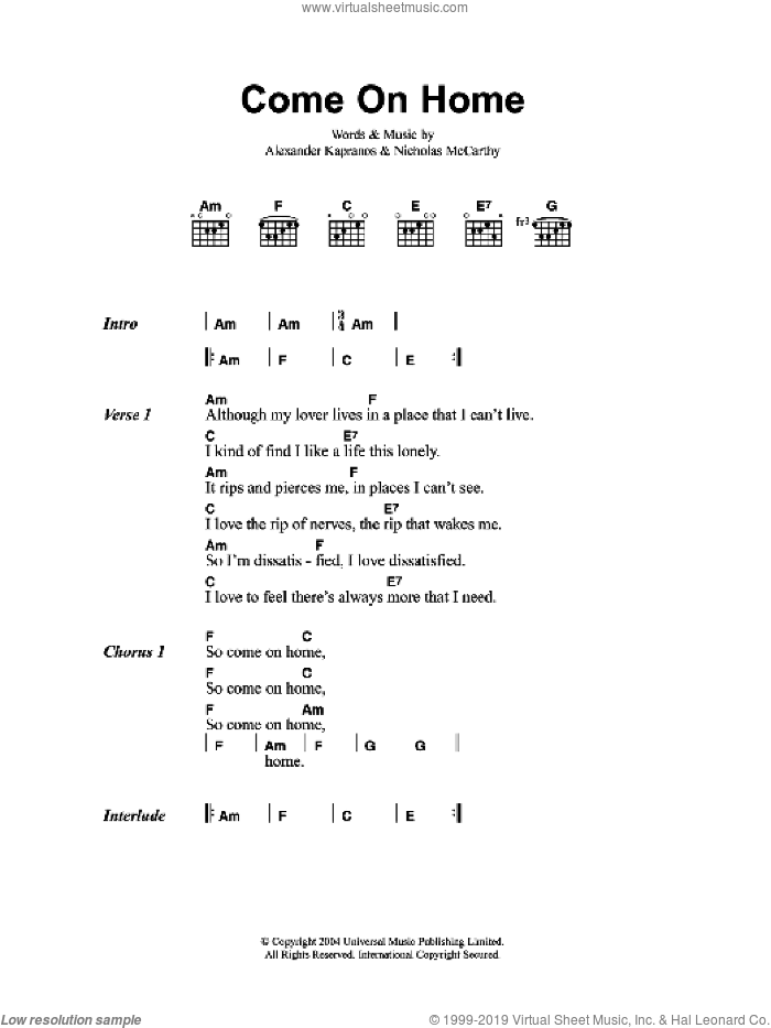 Come On Home sheet music for guitar (chords) by Franz Ferdinand, Alexander Kapranos and Nicholas McCarthy, intermediate skill level