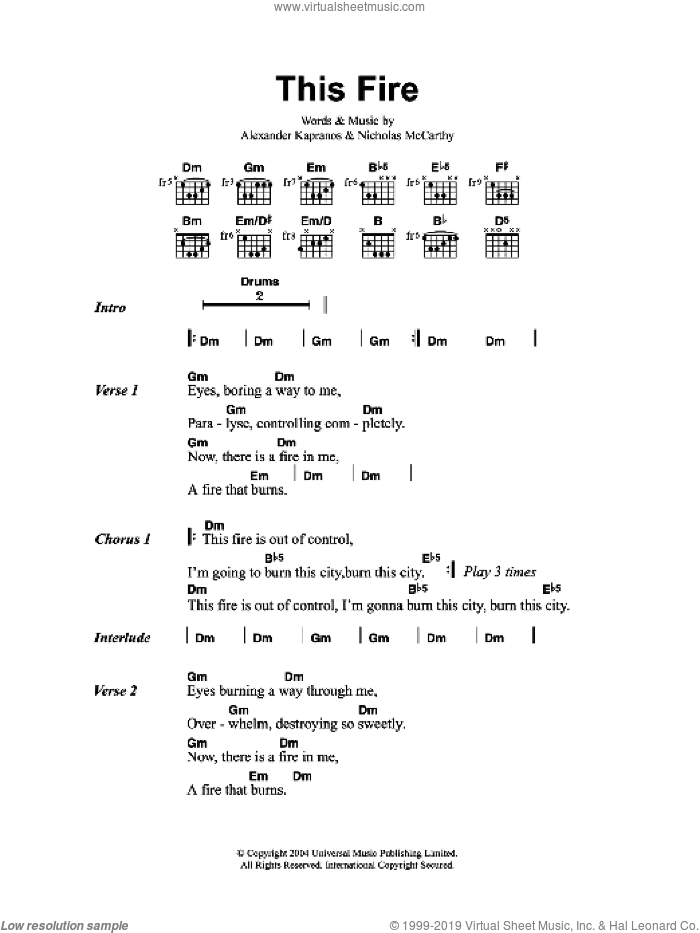 This Fire sheet music for guitar (chords) by Franz Ferdinand, Alexander Kapranos and Nicholas McCarthy, intermediate skill level