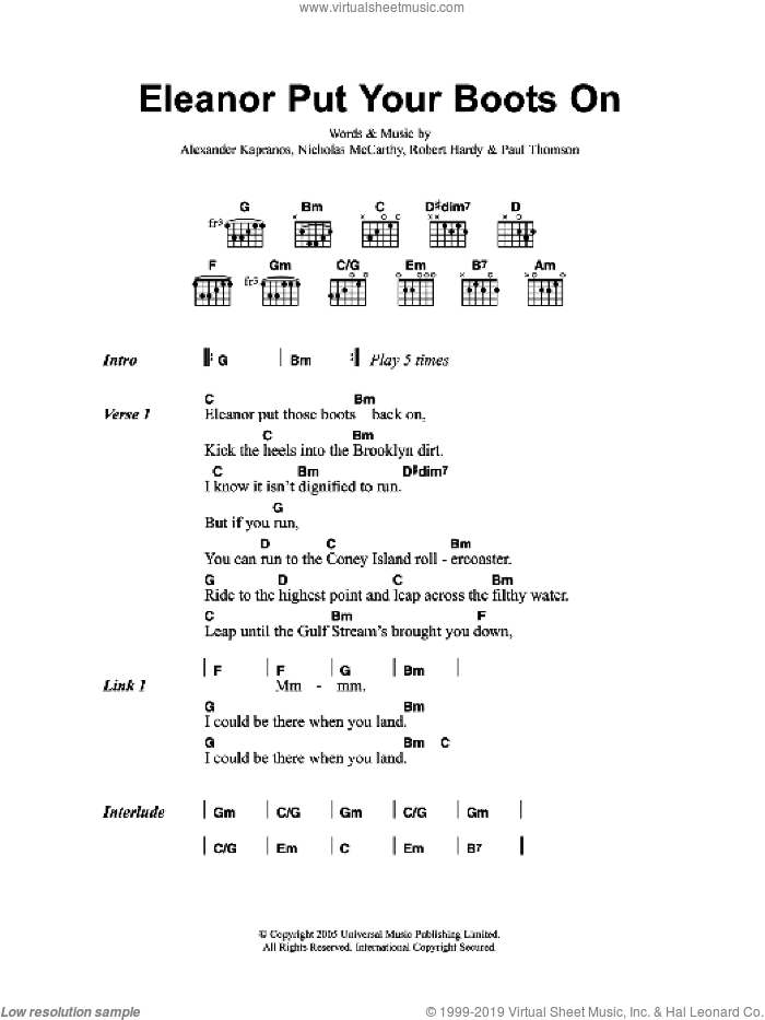 Eleanor Put Your Boots On sheet music for guitar (chords) by Franz Ferdinand, Alexander Kapranos, Nicholas McCarthy, Paul Thomson and Robert Hardy, intermediate skill level