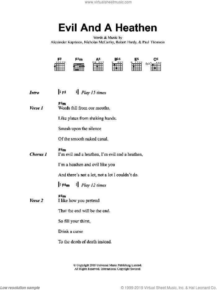 Evil And A Heathen sheet music for guitar (chords) by Franz Ferdinand, Alexander Kapranos, Nicholas McCarthy, Paul Thomson and Robert Hardy, intermediate skill level