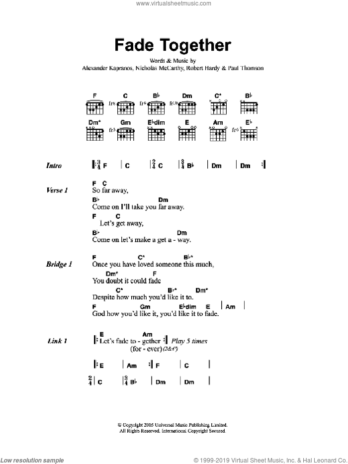 Fade Together sheet music for guitar (chords) by Franz Ferdinand, Alexander Kapranos, Nicholas McCarthy, Paul Thomson and Robert Hardy, intermediate skill level
