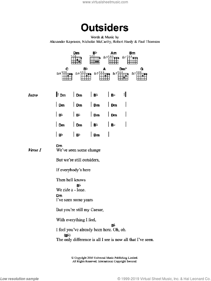 Outsiders sheet music for guitar (chords) by Franz Ferdinand, Alexander Kapranos, Nicholas McCarthy, Paul Thomson and Robert Hardy, intermediate skill level