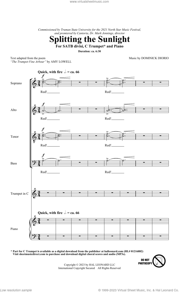 Splitting The Sunlight sheet music for choir (SATB: soprano, alto, tenor, bass) by Dominick DiOrio and Amy Lowell, intermediate skill level