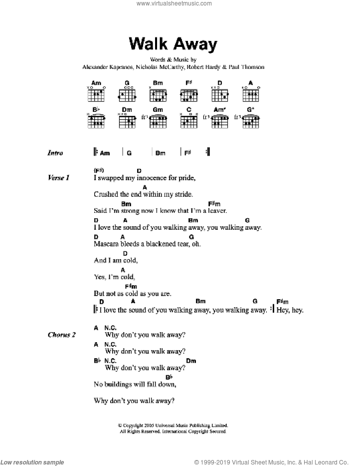 Walk Away sheet music for guitar (chords) by Franz Ferdinand, Alexander Kapranos and Nicholas McCarthy, intermediate skill level