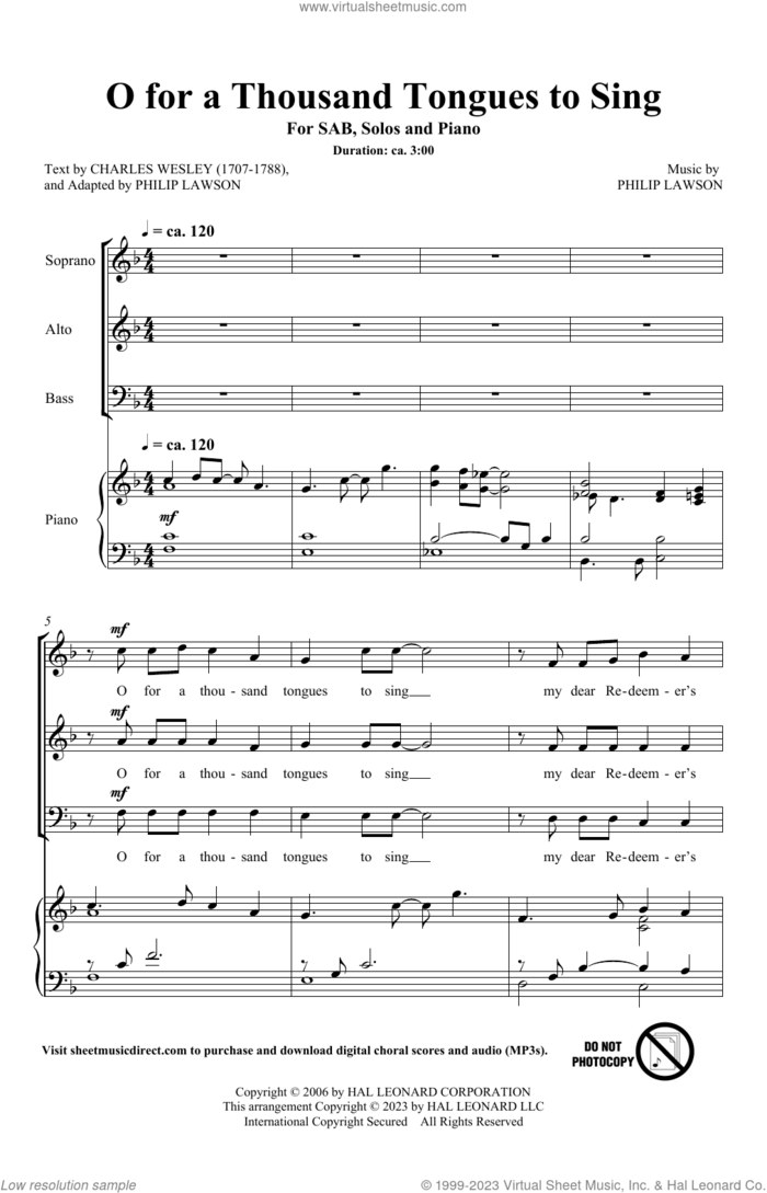 O For A Thousand Tongues To Sing sheet music for choir (SAB: soprano, alto, bass) by Philip Lawson, intermediate skill level
