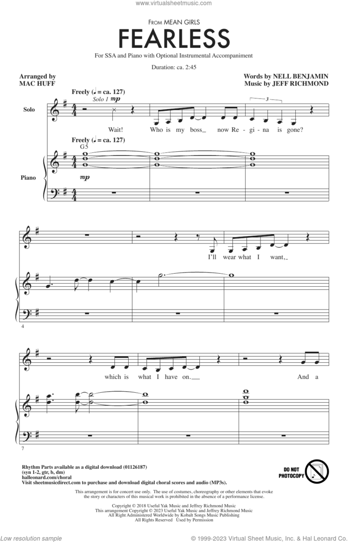 Fearless (from Mean Girls: The Broadway Musical) (arr. Mac Huff) sheet music for choir (SSA: soprano, alto) by Jeff Richmond & Nell Benjamin, Mac Huff, Jeff Richmond and Nell Benjamin, intermediate skill level