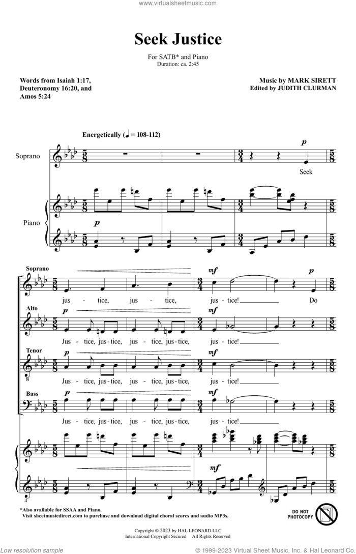 Seek Justice sheet music for choir (SATB: soprano, alto, tenor, bass) by Mark Sirett, intermediate skill level