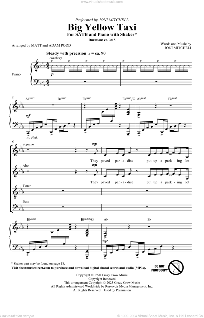 Big Yellow Taxi (arr. Adam and Matt Podd) sheet music for choir (SATB: soprano, alto, tenor, bass) by Joni Mitchell, Adam Podd and Matt Podd, intermediate skill level