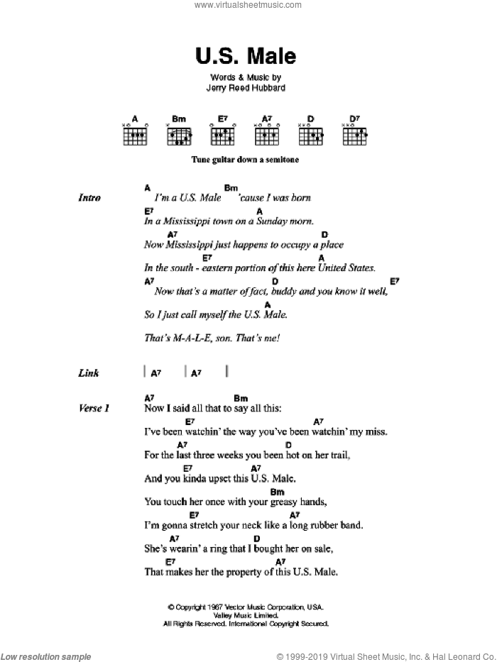 U.S. Male sheet music for guitar (chords) by Elvis Presley and Jerry Hubbard, intermediate skill level