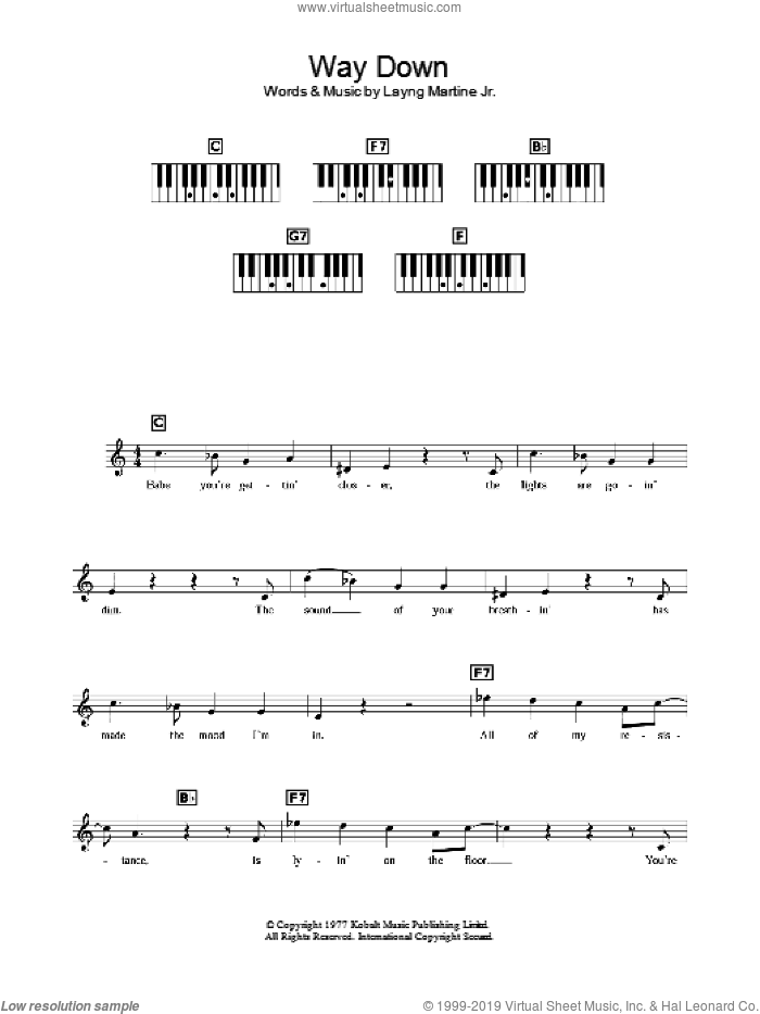 Way Down sheet music for voice and other instruments (fake book) by Elvis Presley and Layng Martine, intermediate skill level