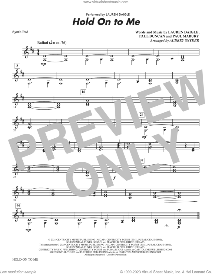 Hold On To Me (arr. Audrey Snyder) (complete set of parts) sheet music for orchestra/band (Rhythm) by Audrey Snyder, Lauren Daigle, Paul Duncan and Paul Mabury, intermediate skill level