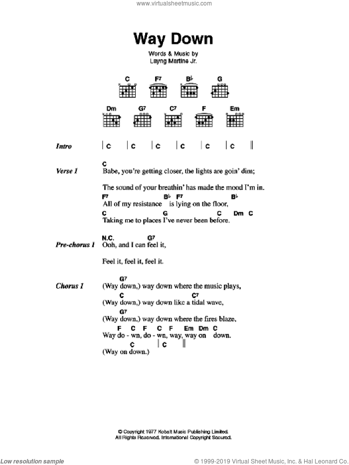 Way Down sheet music for guitar (chords) by Elvis Presley and Layng Martine, intermediate skill level