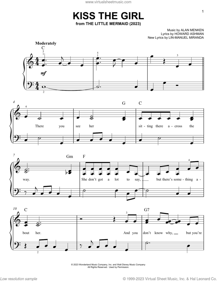 Kiss The Girl (from The Little Mermaid) (2023) sheet music for piano solo by Daveed Diggs, Awkwafina, & Jacob Tremblay, Alan Menken, Howard Ashman and Lin-Manuel Miranda, easy skill level
