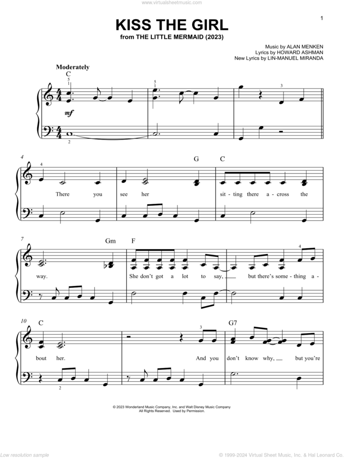 Kiss The Girl (from The Little Mermaid) (2023) sheet music for piano solo by Daveed Diggs, Awkwafina, & Jacob Tremblay, Alan Menken, Howard Ashman and Lin-Manuel Miranda, easy skill level